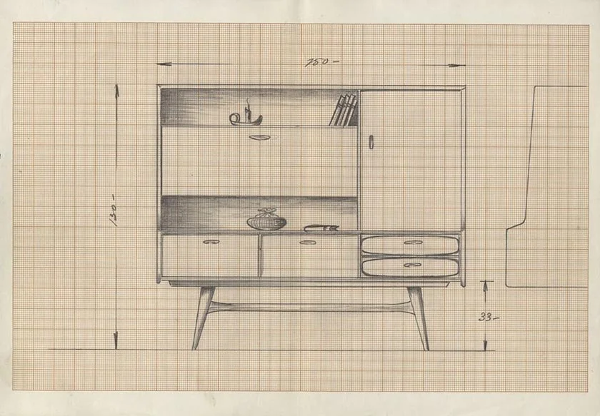 Schets Louis van Teeffelen voor Wébé highboard ontwerp jaren 50.