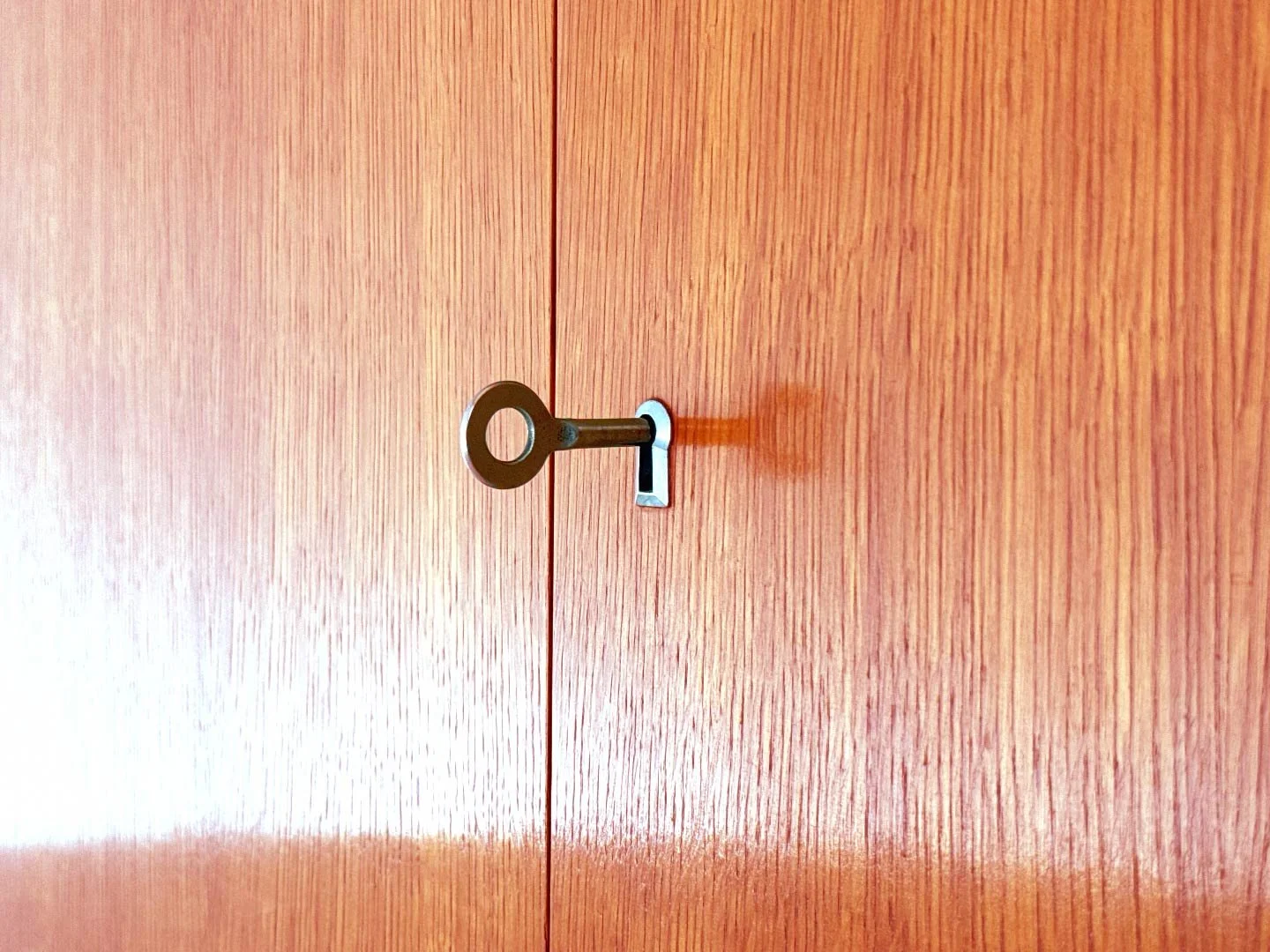 Vintage U-450 vitrinekast van Jiroutek voor Interier Praha in hout – close-up sleutelentree met sleutel