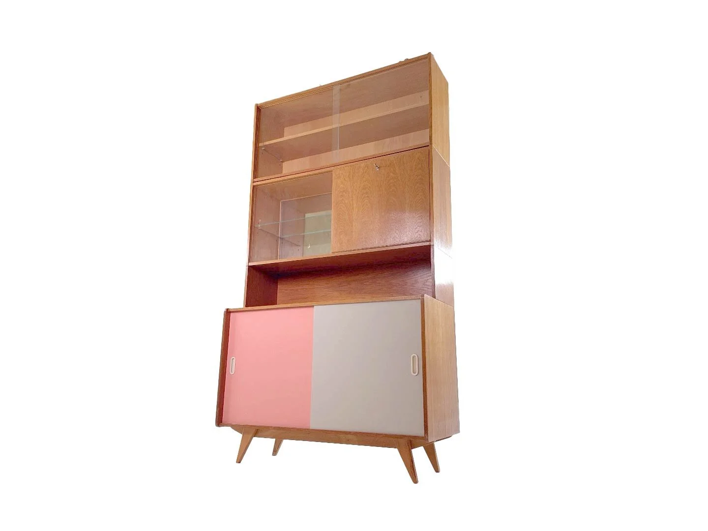 Vintage U-452 kast met vitrine en bar van Jiri Jiroutek in hout – schuin onderaanzicht rechts