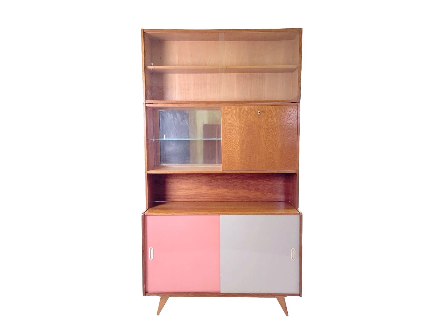 Vintage U-452 kast met vitrine en bar van Jiri Jiroutek in hout – totaalbeeld frontaal