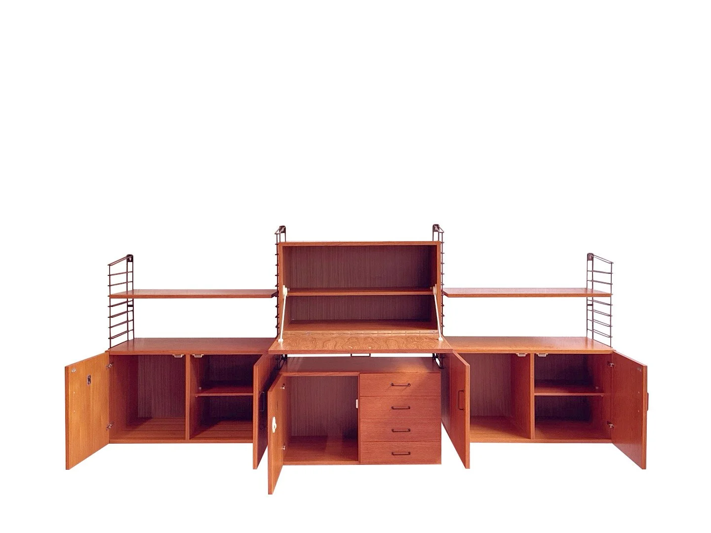 Vintage Musterring teak wall unit – cabinet doors open to reveal storage space