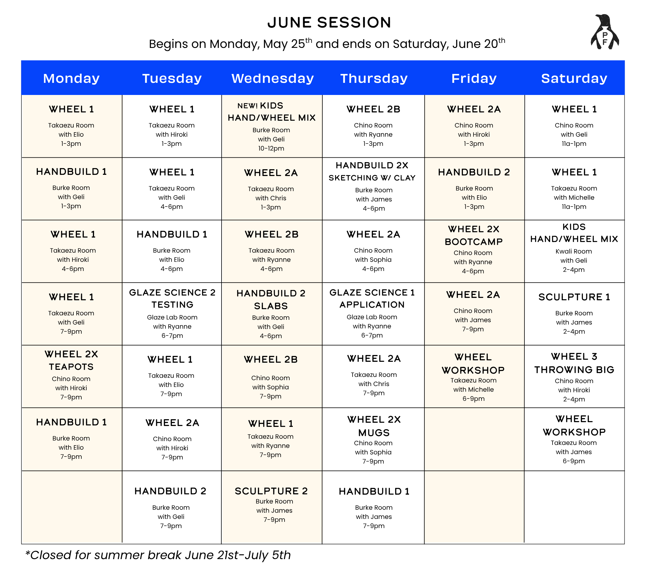 Penguin Foot June 2026 Session Schedule
