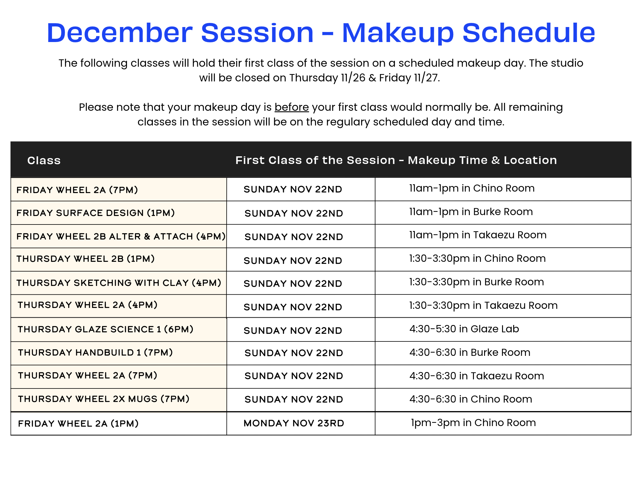 December makeup schedule 