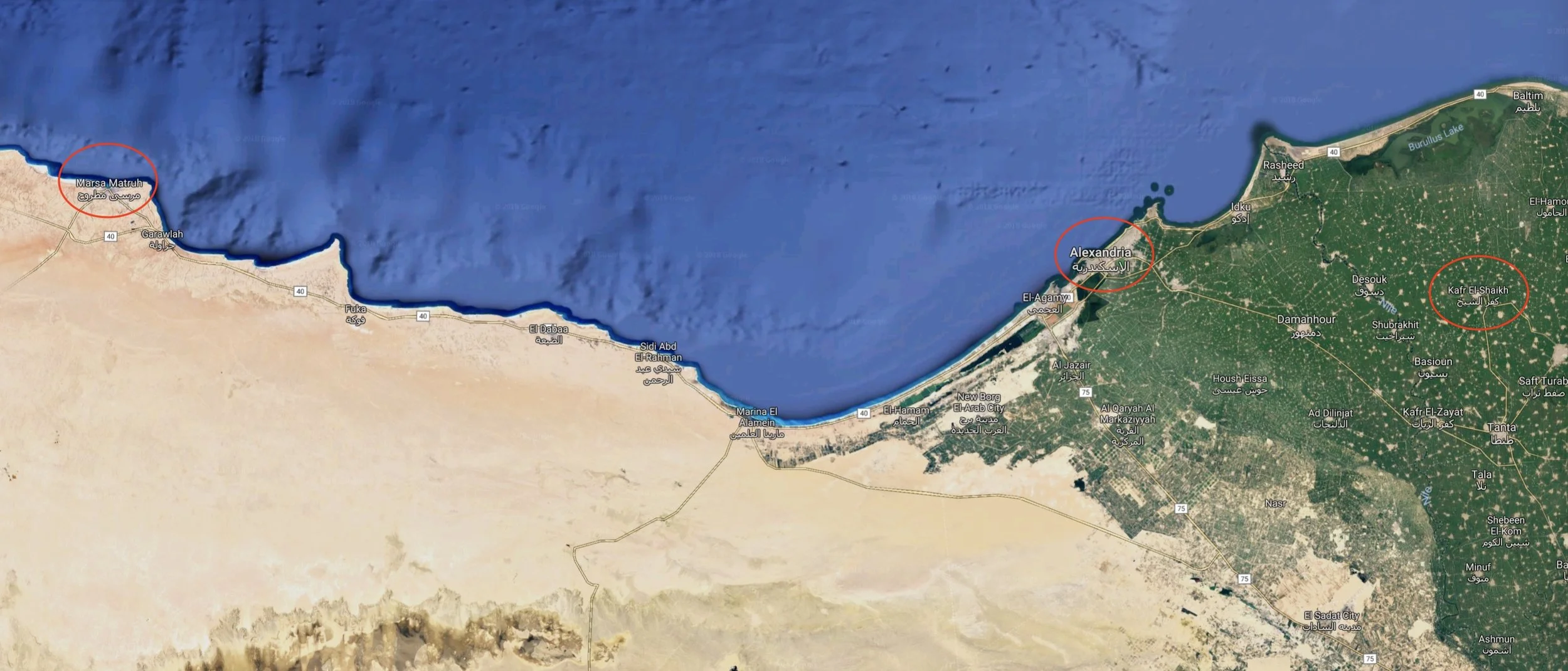 Map of North Coast, indicating the locations of Marsa Matrouh to the West, the coastal city of Alexandria , and the governorate and city of Kafr El Sheik in the Nile Delta | Click to enlarge.