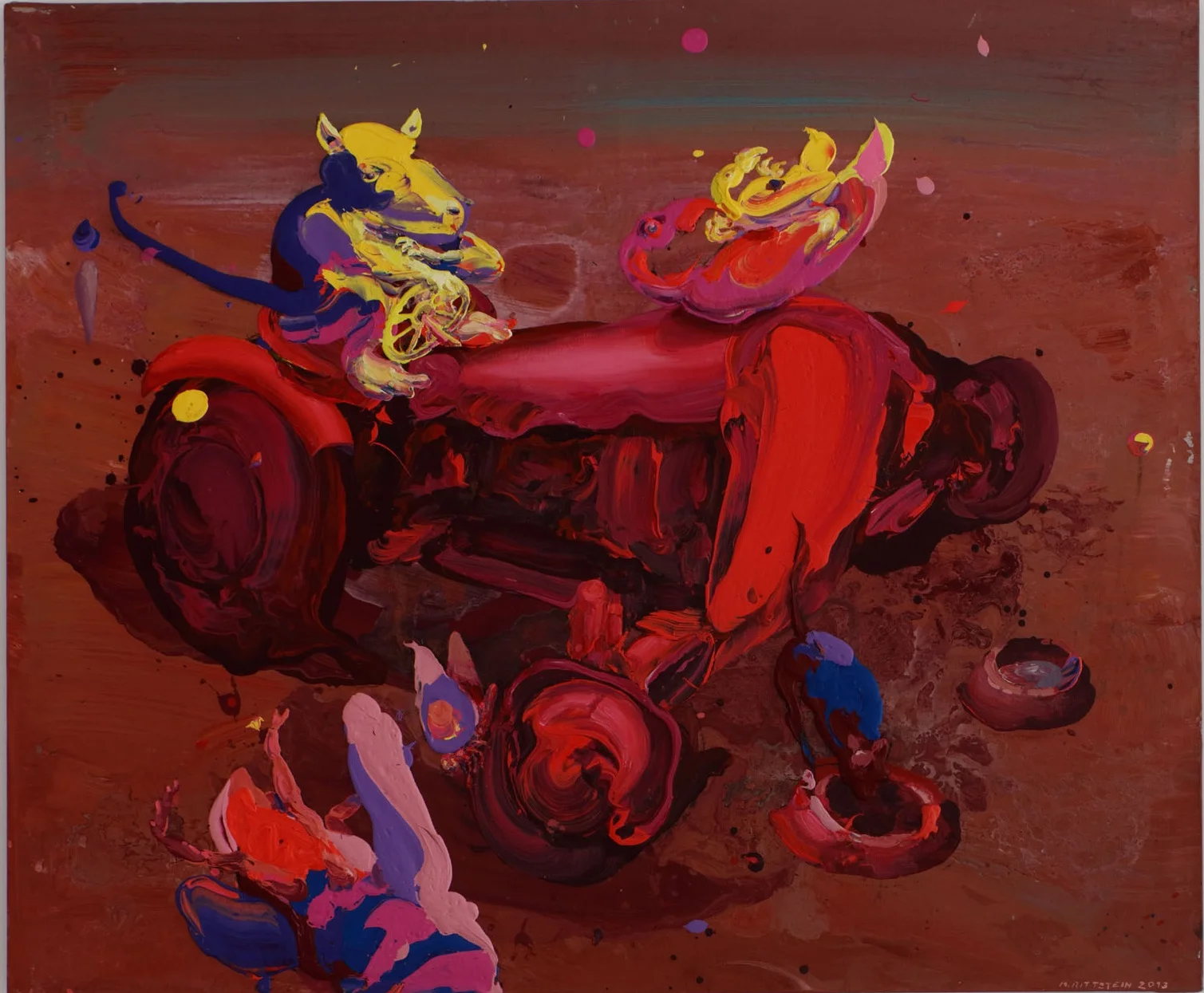 Michael Rittstein, Traktor a misky na kočičí žrádlo, 2013, plátno, akryl, 180 x 150 cm