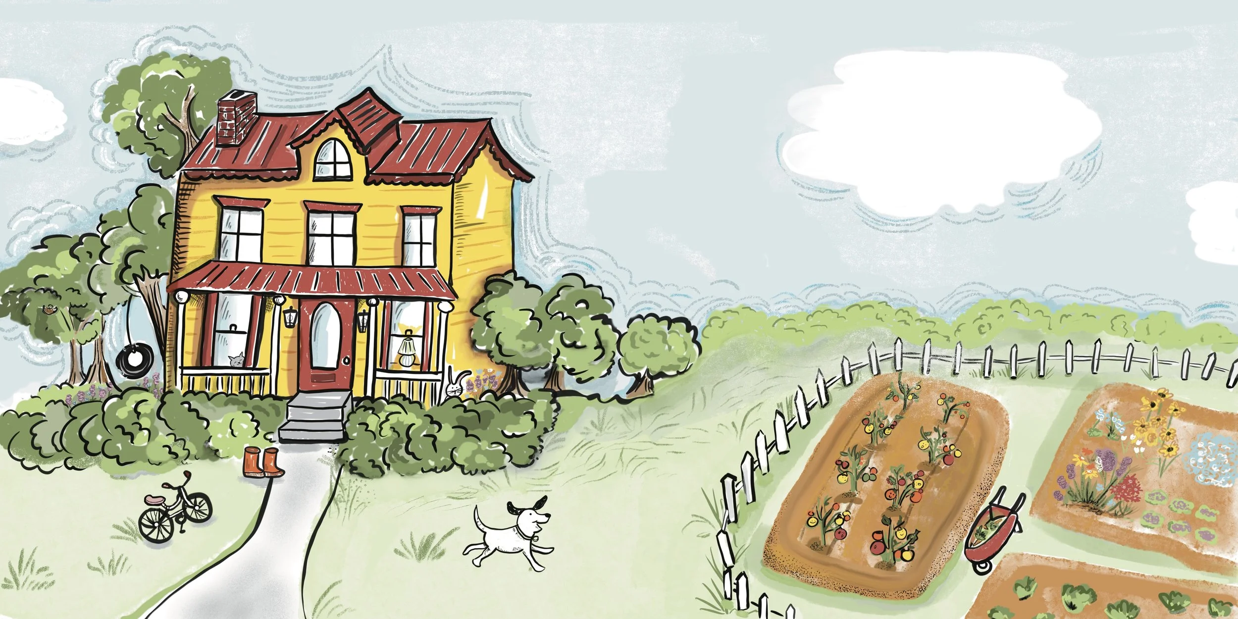 A colorful illustration of a yellow house with a red roof, surrounded by trees and bushes, with a swing hanging from a tree, a bicycle, a dog running, and a garden with planting beds, flowers, and a wheelbarrow.
