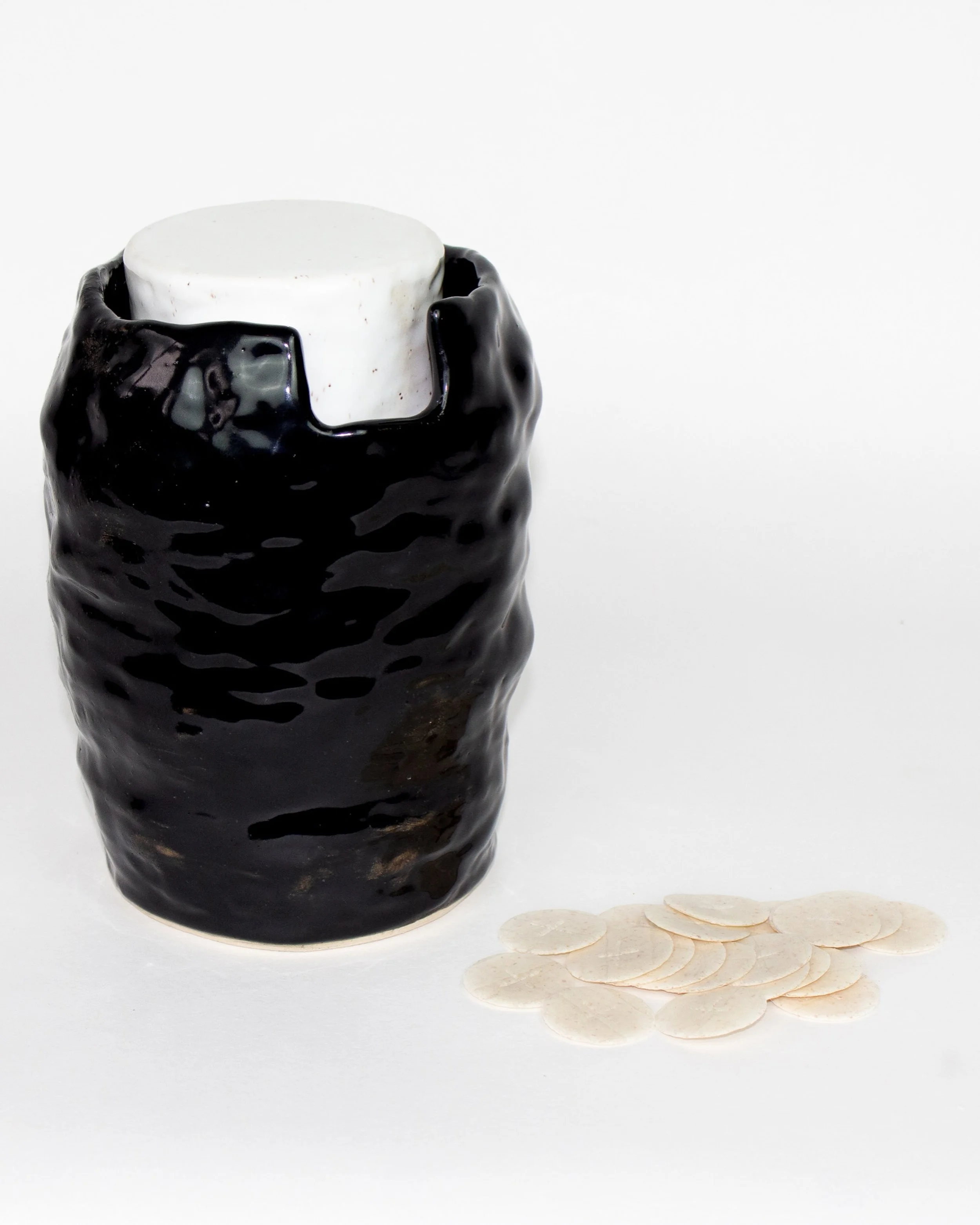 BARPHA by @duddhaus opens tonight and happy to have this lil guy in the mix!

Altered Vessels uses the iconography of priests clerical shirts to create a functional 2 piece ceramic set. The white, inner, vessel can be used as a chalice for wine. Whil