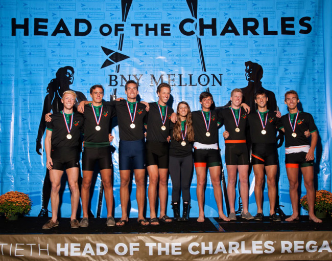 Oakland Strokes men’s varsity eight from left to right: Daniel Hogan – De La Salle, Michael Cuellar – St. Joseph Notre Dame, Alexandr Lilichenko – Miramonte, Cameron Chater – Berkeley High, Sarah “Kenyon” Watson – Miramonte, Tucker Johnson – Piedmont, Maxwell McDonald – Piedmont, Allen Hosler – Piedmont, Brendan Purtill – Bentley.