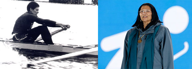 Anita DeFrantz, member of the 1976 Montreal Olympics on the first U.S. Women’s 8+ (left) and honored at the 2014 Winter Olympics in Sochi (right).