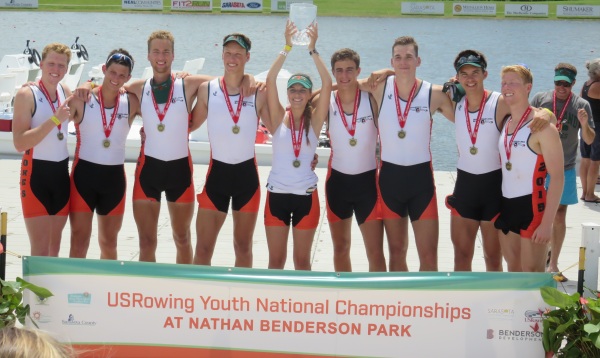 The Varsity Mens 8+ (right to left): Daniel Hogan, Stroke (De La Salle HS), Rhys Daniel (Piedmont HS), Alexandr Lilichenko (Miramonte HS), Michael Cuellar (St. Joseph Notre Dame HS), Kenyon Watson, Coxswain (Miramonte HS), Cameron Chater (Berkeley HS), Connor Olson (Granada HS), Tucker Johnson (Piedmont HS), Max McDonald (Piedmont HS). 