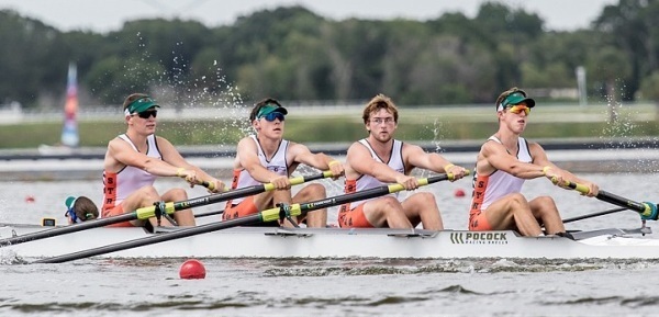The Mens 4+ roster includes (right to left) Luke Lawler, Stroke (Las Lomas HS), Brandon Fluegge (Miramonte HS), Nikita Lilichenko (Miramonte HS), Henri Illien (Phillips Academy), Isabella Onken, Coxswain (St. Joseph Notre Dame HS). 
