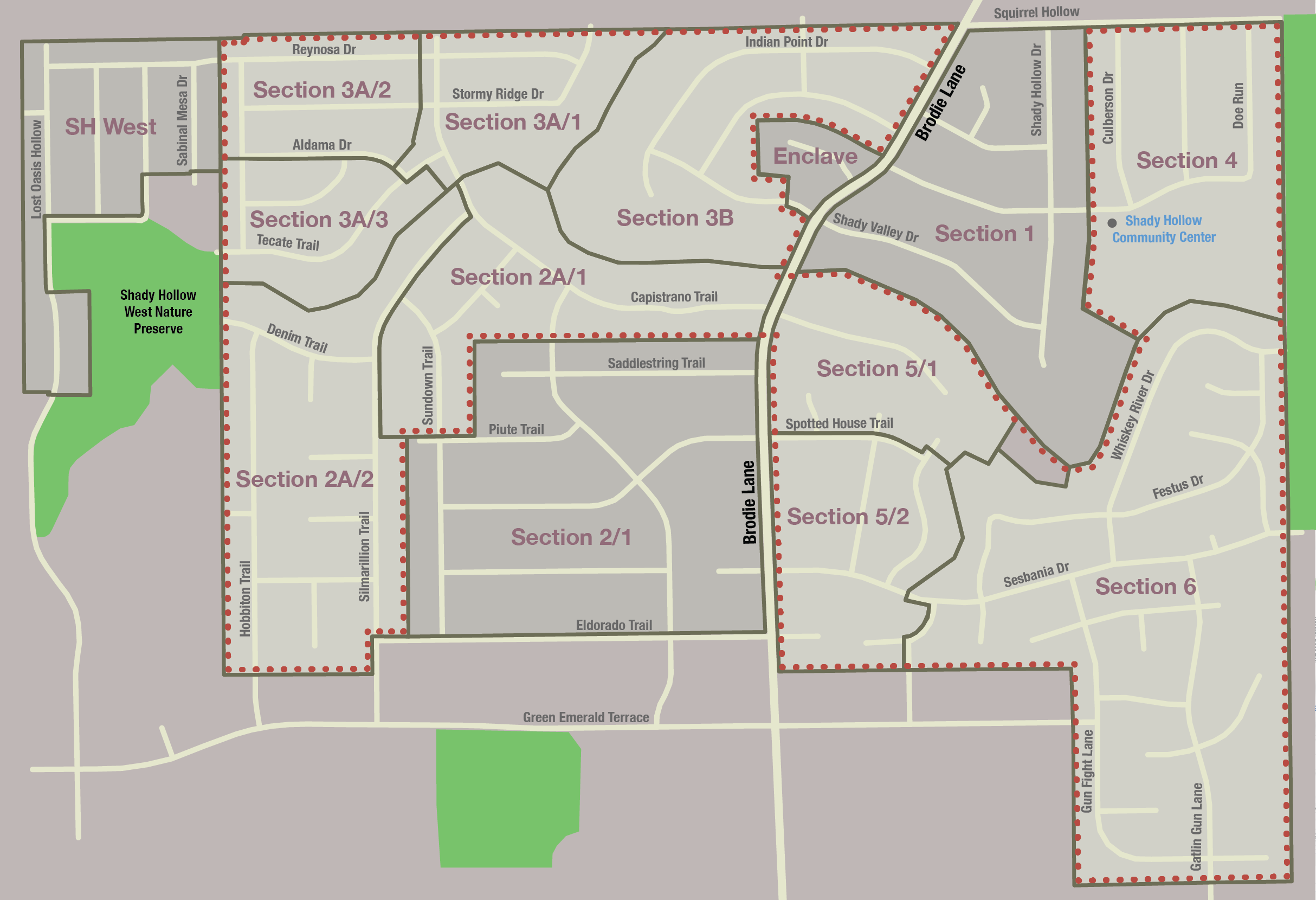 NOTE: The section in dashed RED is the expected area to be annexed by the city of Austin. (Unofficial). Based on the City of Austin's web site here and the MUD map from the SPA.