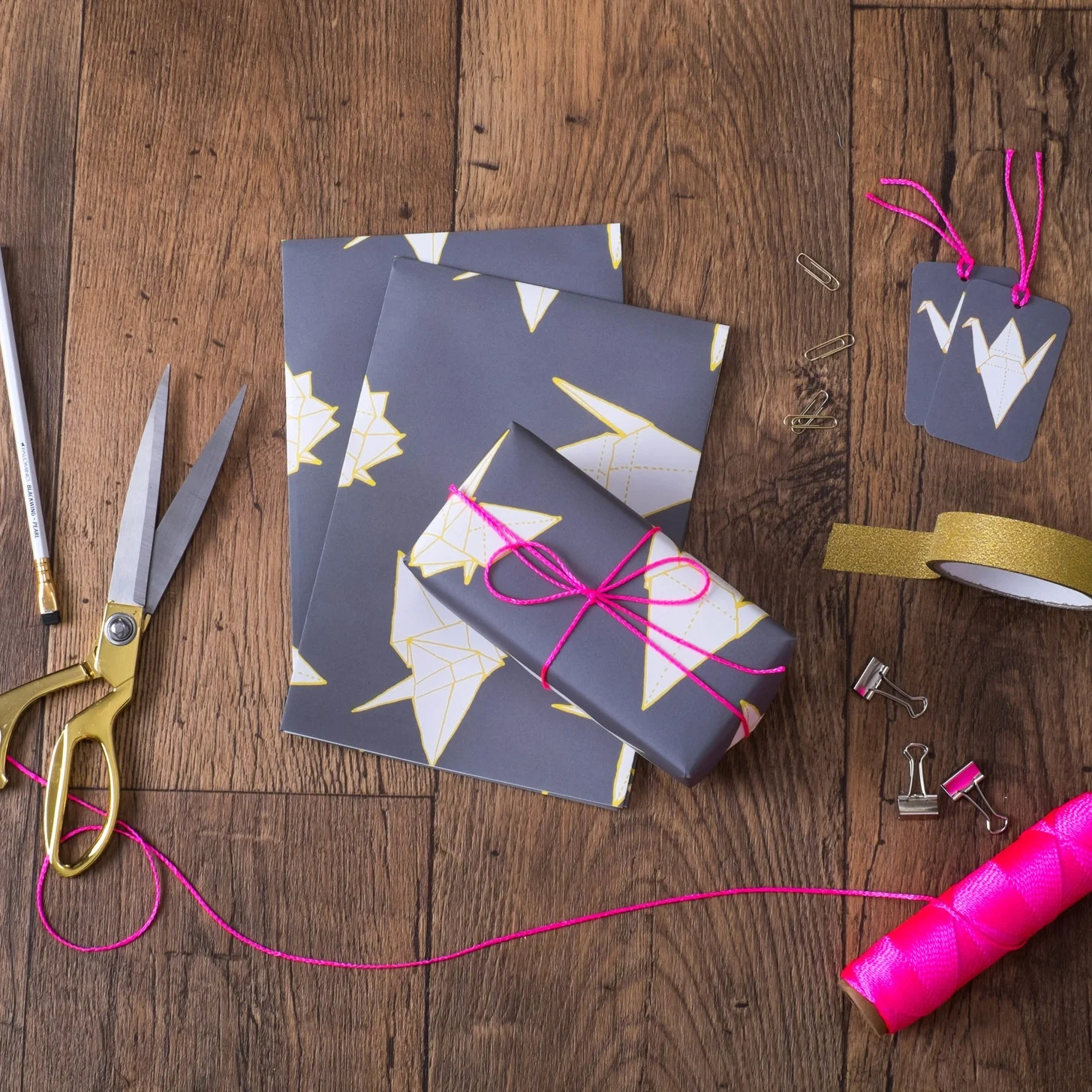 Origami Cranes Grey Yellow Gift Wrap Set