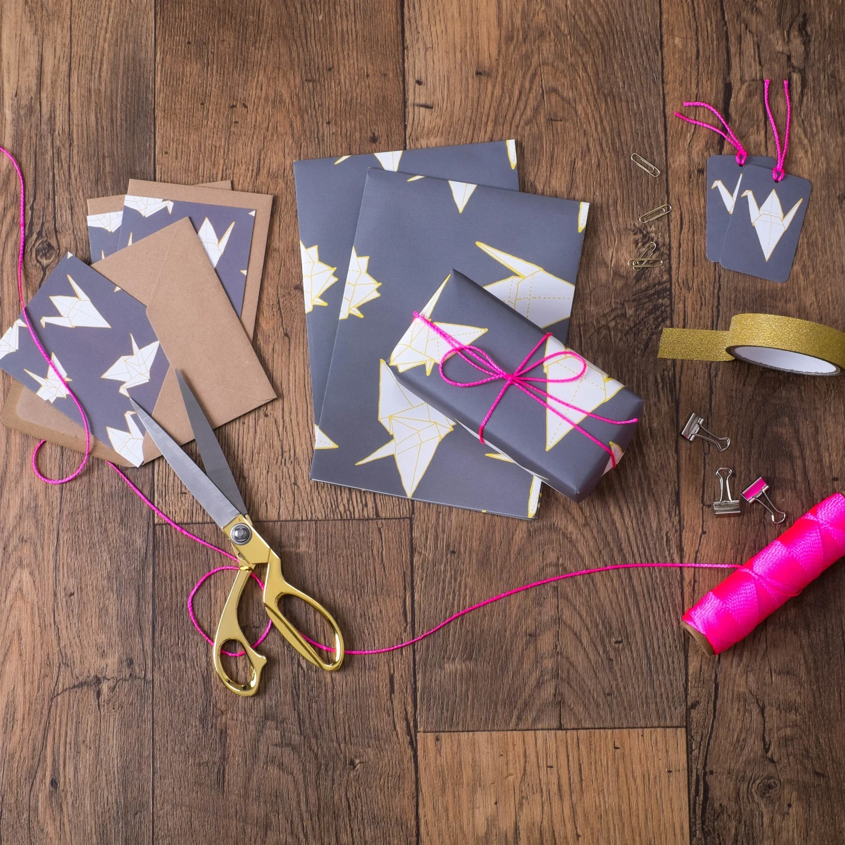Origami Cranes Grey Yellow Gift Wrap Set