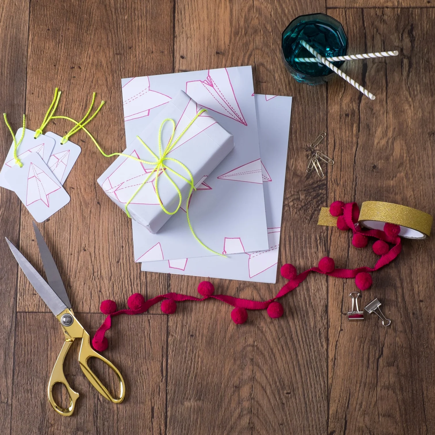 Origami Planes Grey Pink Gift Wrap Set