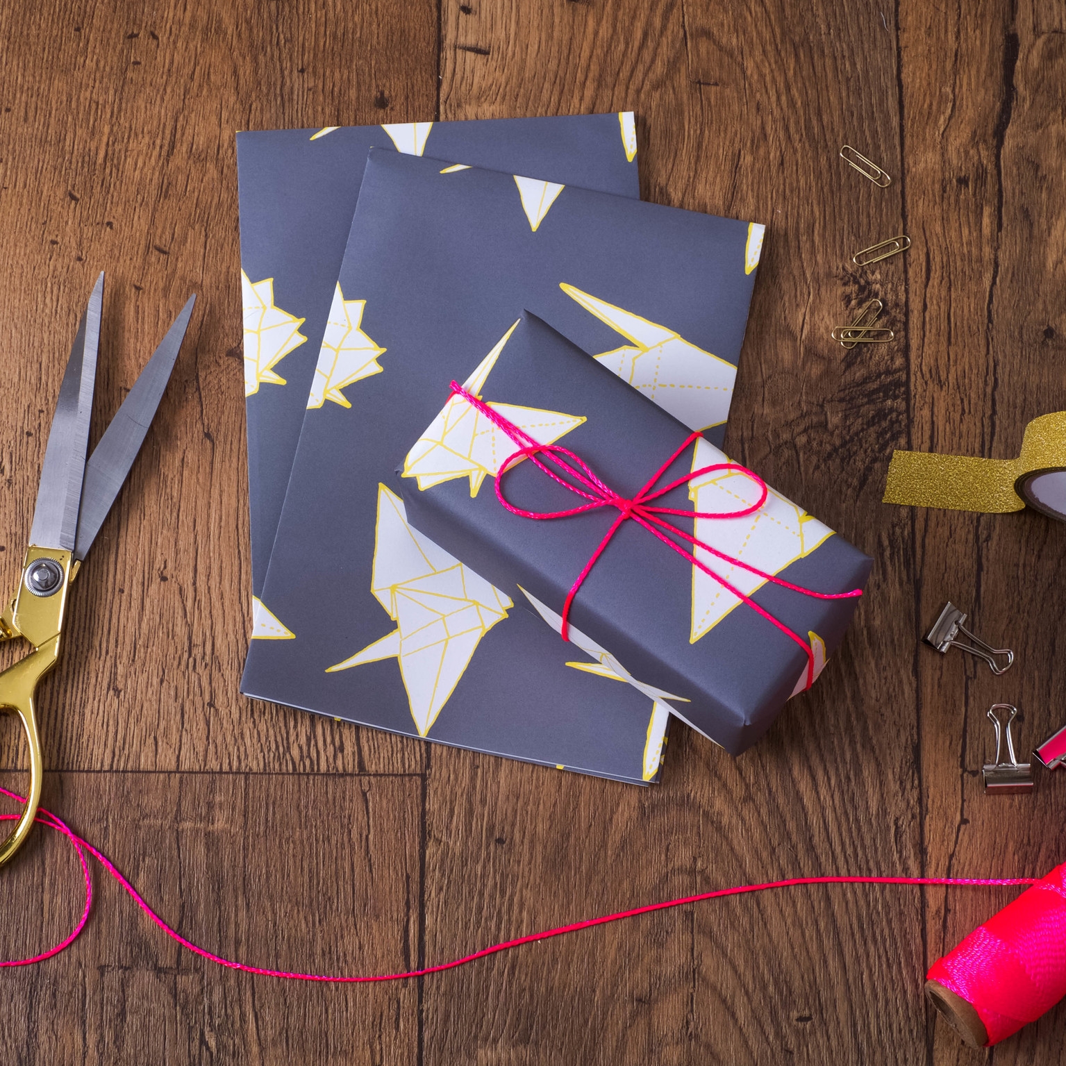 Origami Cranes Grey Yellow Gift Wrap Set