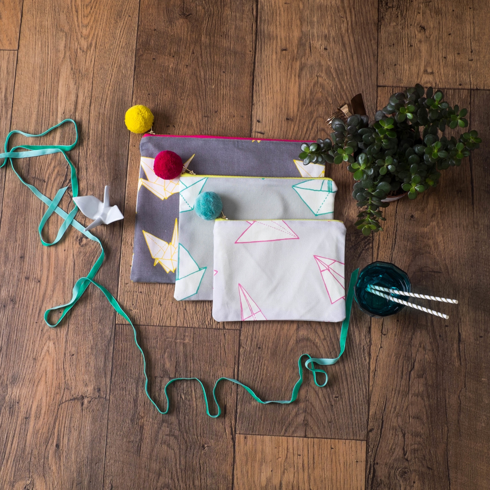 Origami Make Up Bag with Pom Pom