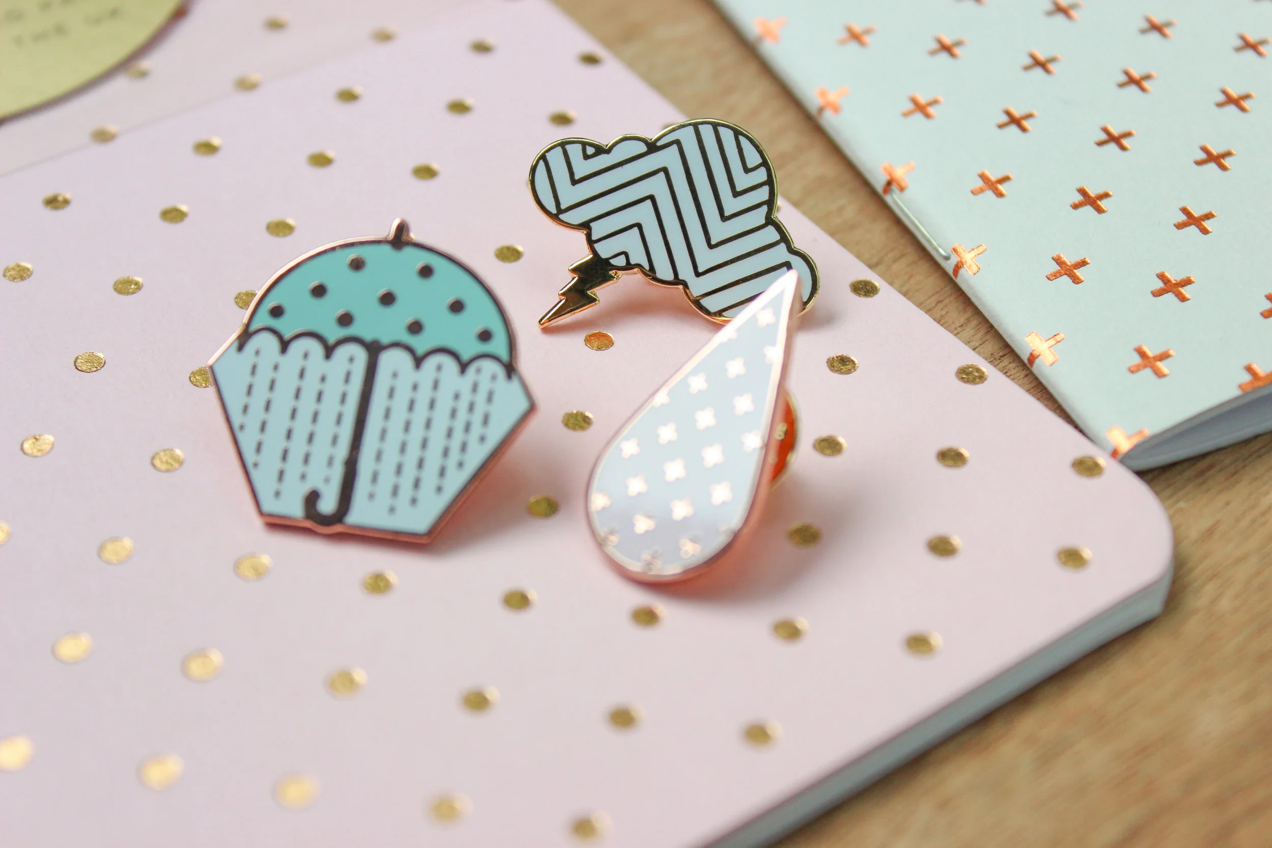 luxury hard enamel gold & rose gold pins, geometric pins, raindrop, umbrella, cute gift