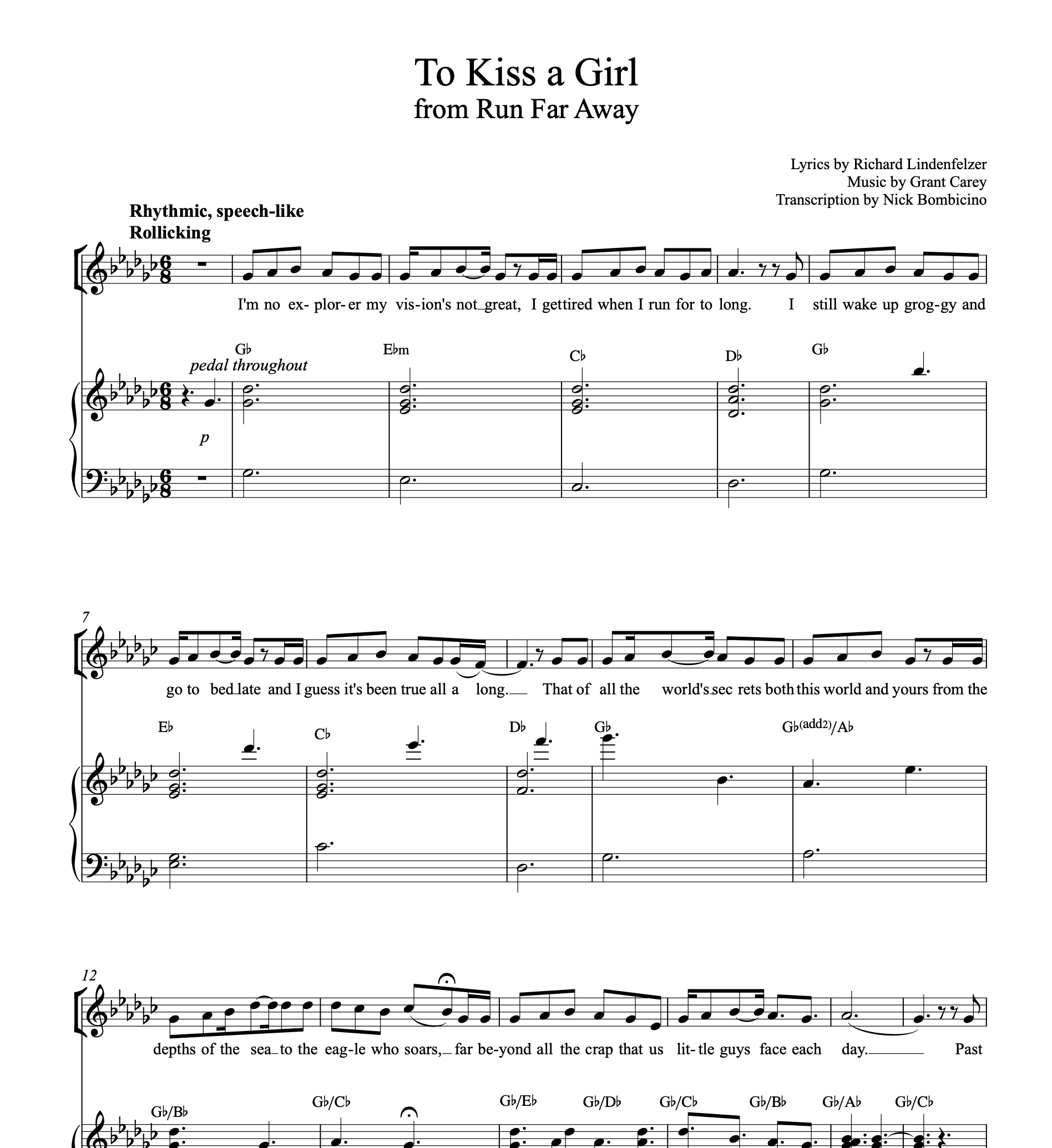 To Kiss A Girl - Piano & Vocal
