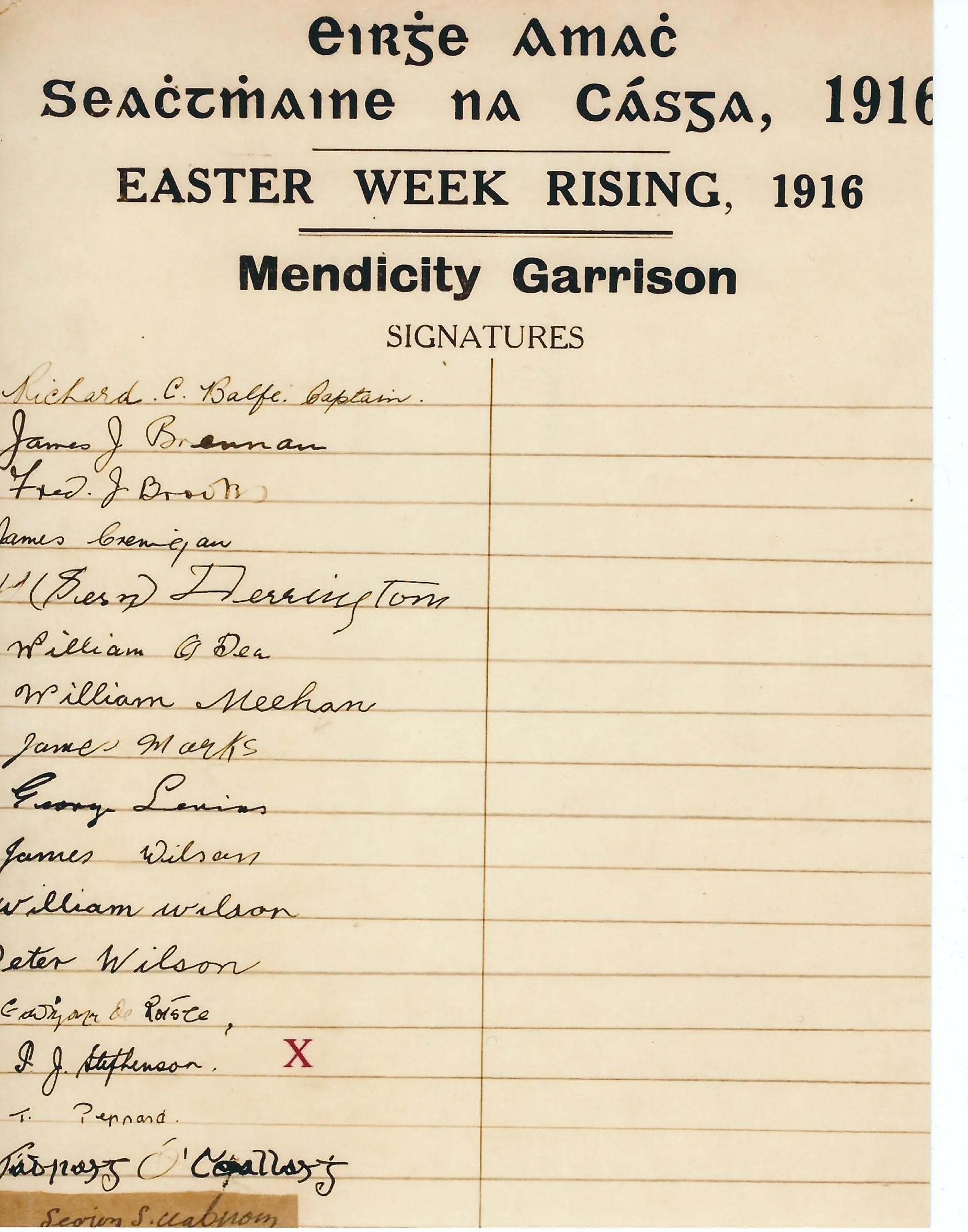 Signatures of the Mendicity garrison. Paddy Joe's is marked with an X.
