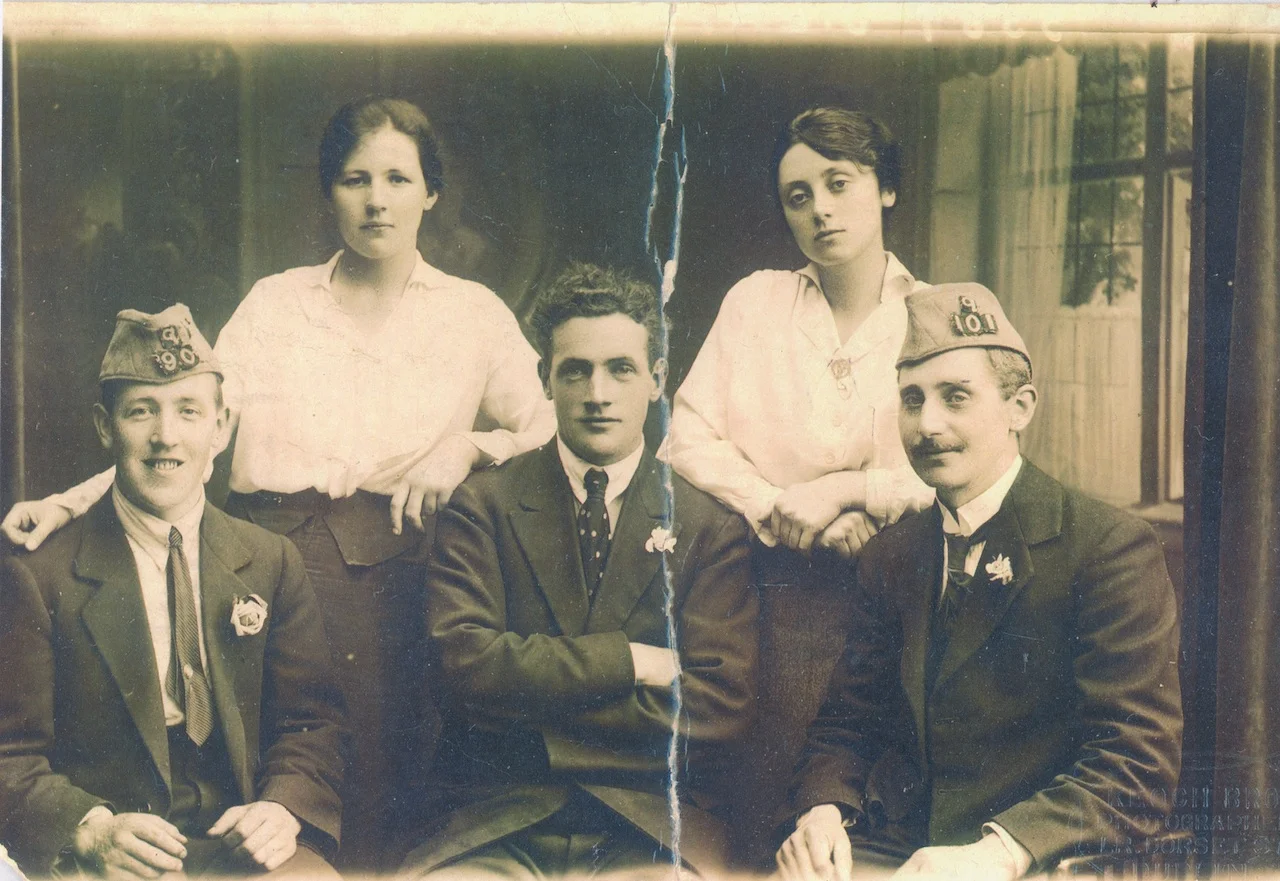 Kathleen Boland (back left) with Ena Shouldice, and (front row, l-r) Harry Boland, an unknown friend and Jack Shouldice