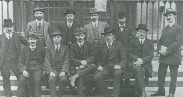 The Irish Trade Union Congress, including (standing): James Connolly, far left; William O'Brien, 2nd left; and James Larkin, 2nd right (seated).