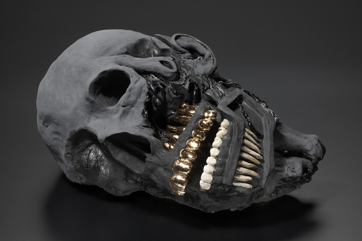 Cadaver Study with Grill , 2010; Media: Ceramic, underglaze, gold luster; 18 x 9 x 9 inches