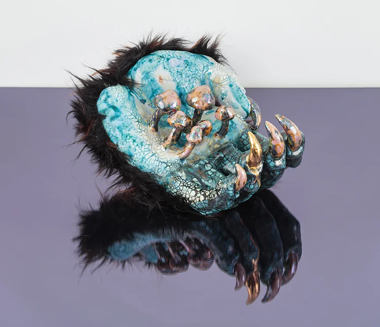 Black Magik (View 1) 2018; Media: Ceramic, glaze, luster, faux fur; 10 x 6.5 x 6.5 inches