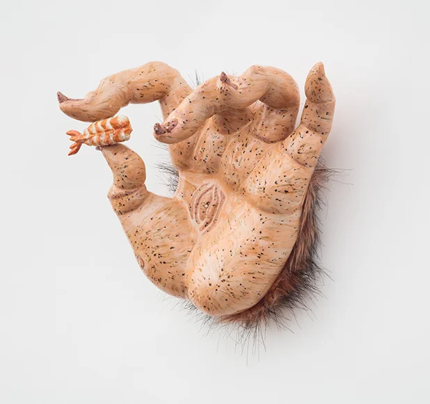 Phat Hand (View 1) 2019; Media: Ceramic clay with mica, glaze, faux fur; 14 x 10 x 11 inches