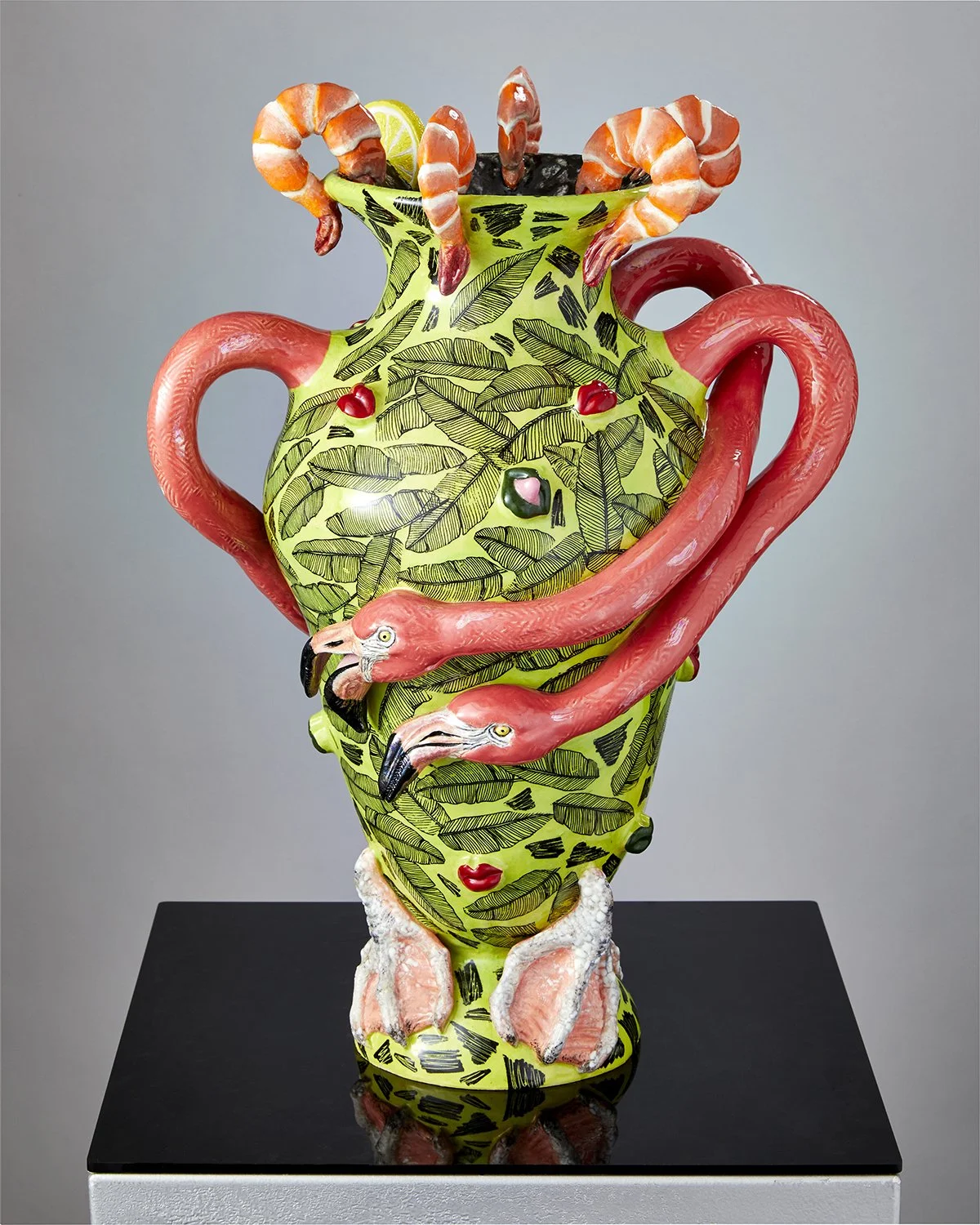 Shrimp Cocktail Flamingo Vase (View 1) 2021; Media: Ceramic, glaze, luster; 21 x 14.5 inches