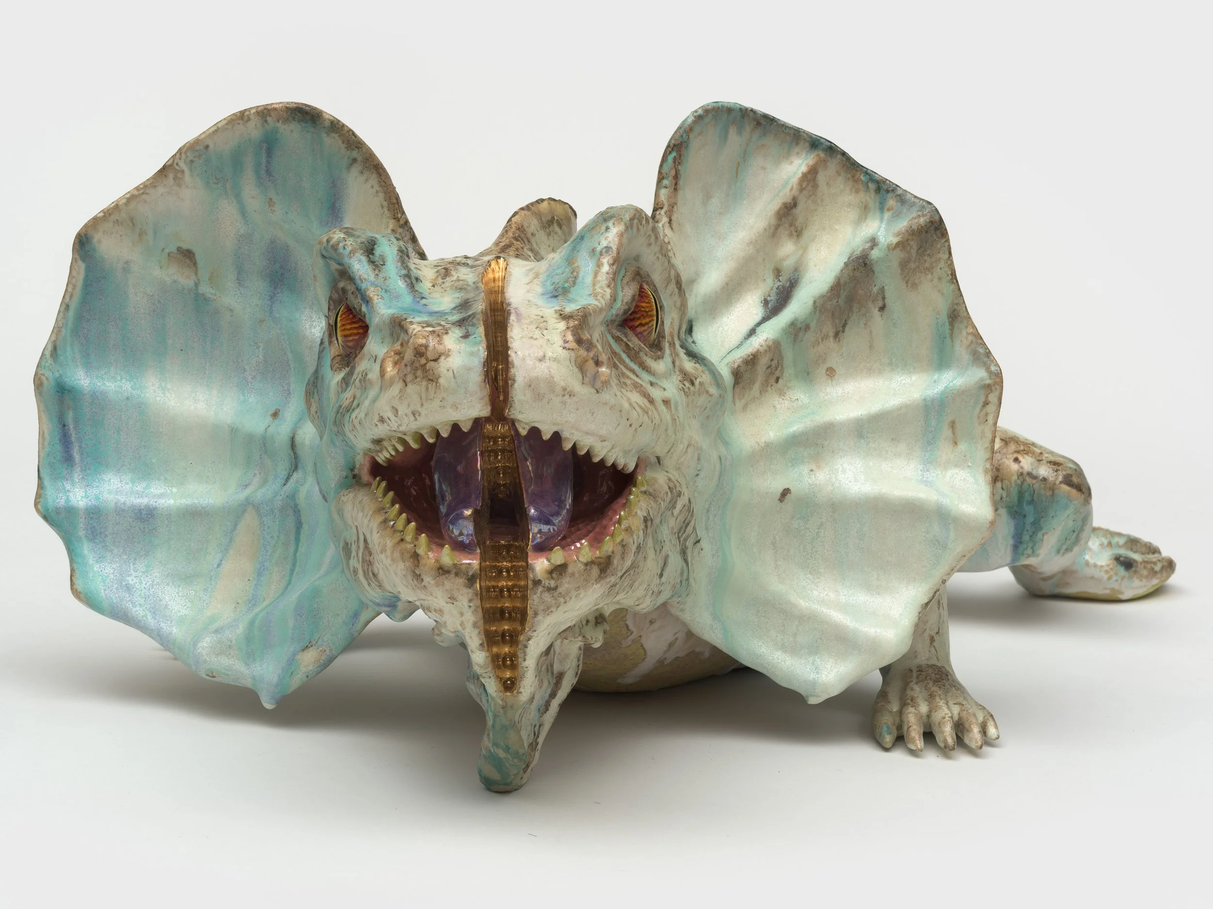   Frilled Dragon  2026. Ceramic, glaze, luster; 40L x 12H x 19D inches 