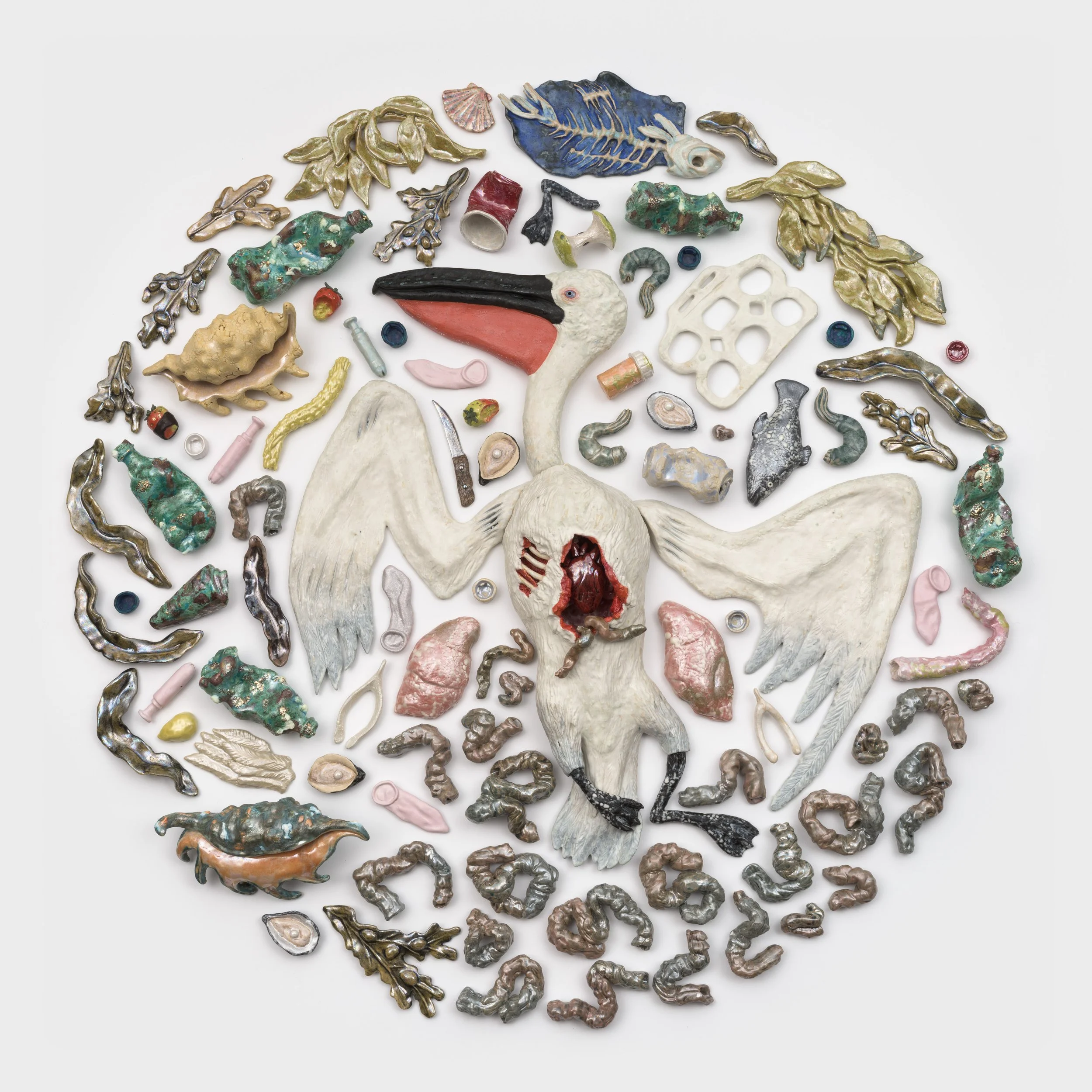   Pelican  2026. Ceramic, glaze, luster; 48L x 4H x 48D inches 