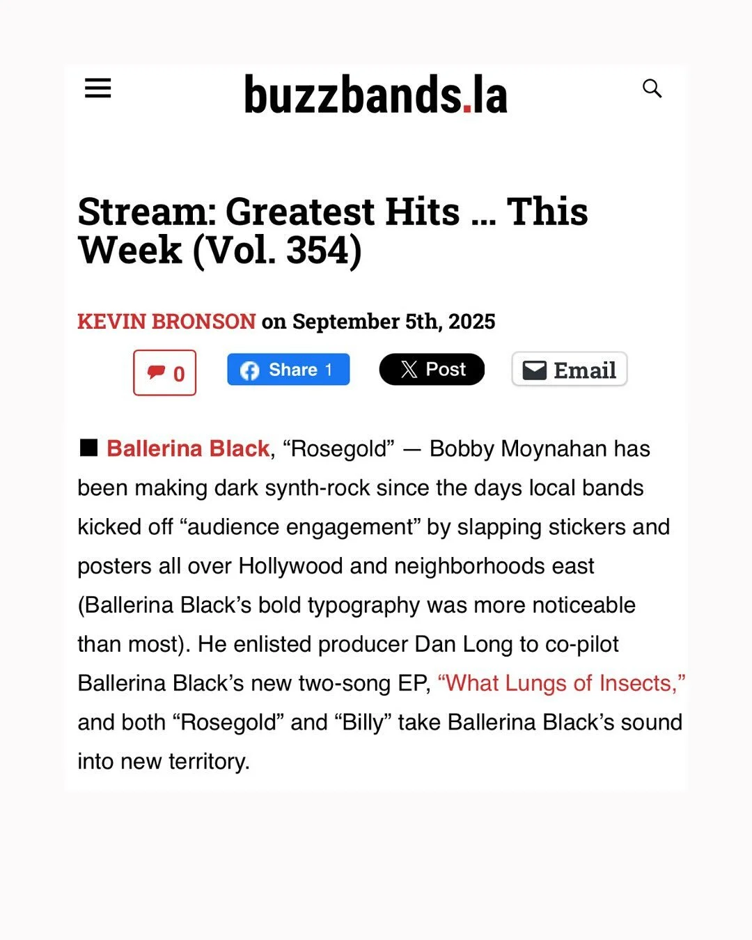 Very honored and grateful to be on this list with the kind words from @buzzbandsla and Kevin Bronson. 
Listen to the first lead singles &ldquo;Rosegold&rdquo;and &ldquo;Billy&rdquo; from the upcoming full length 
&ldquo;What Lungs of Insects&rdquo; 
