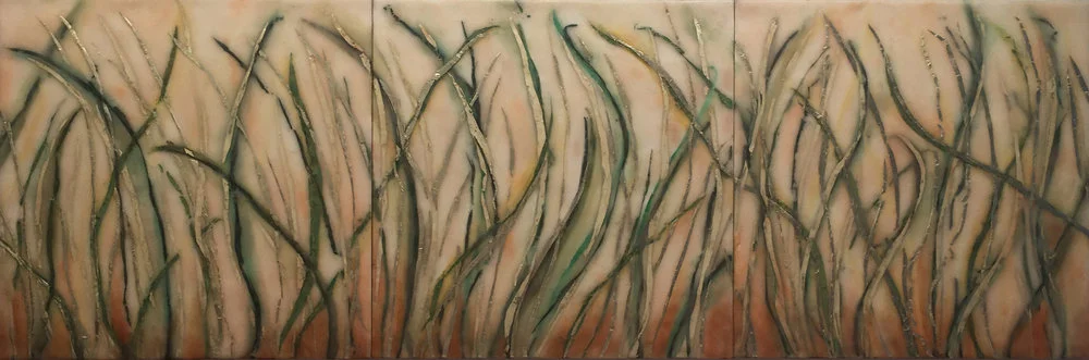 Wind and Grasses Triptych Encaustic, oxidized copper leaf, 16 kt pale gold leaf, Japanese coral, Arabian malachite, bee pollen, cosmetics: Chanel 204 TISSE VENDOME eyeshadows and pigments on birch 3 @ 20” x 20