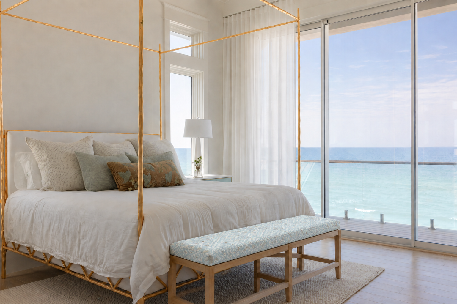 Serene primary bedroom in Blue Mountain Beach by Cindy McCarley Designs, featuring a gold canopy bed, soft neutral bedding and floor-to-ceiling Gulf views