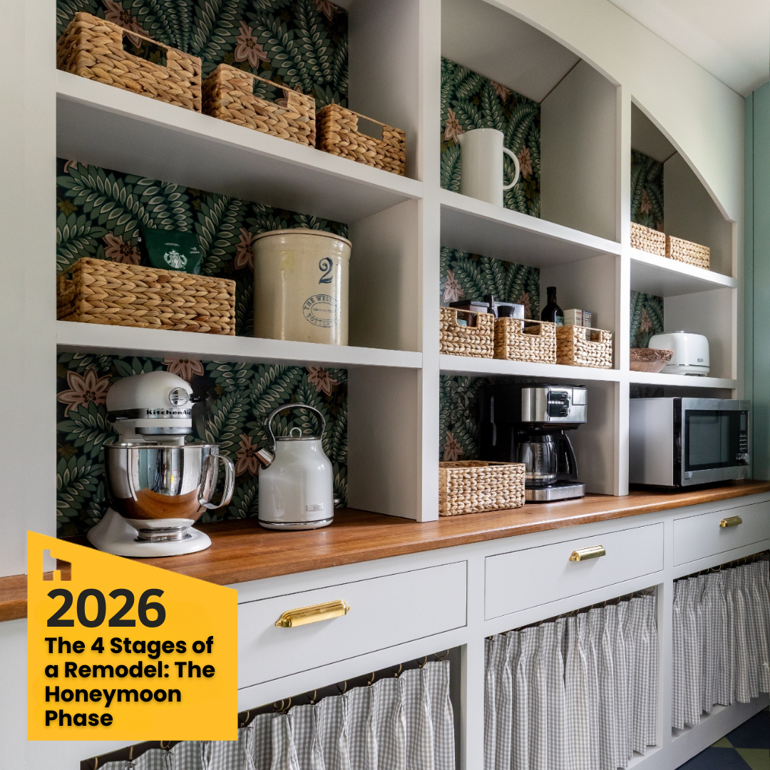 Custom pantry and beverage station designed by Cindy McCarley Designs, featuring built-in shelving, floral wallpaper accents, woven storage baskets, brass hardware, and functional organization. Featured in Houzz's 2026 editorial ideabook, "The 4 Stag