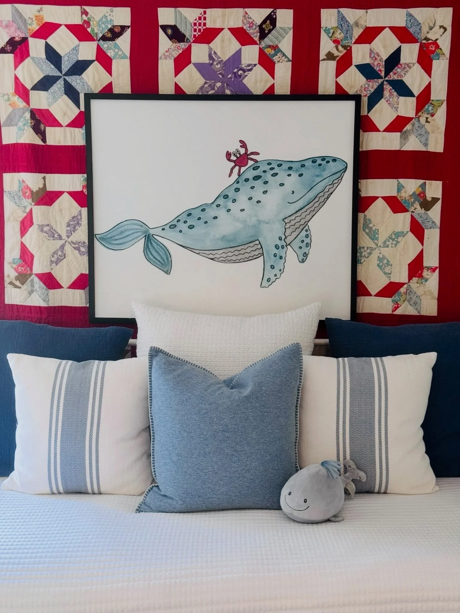 Quilts are back, and here&rsquo;s a fresh way to display one! Just one small nail was all it took to hang this lightweight piece of art. And do I spy a very cute grandson? ❤️