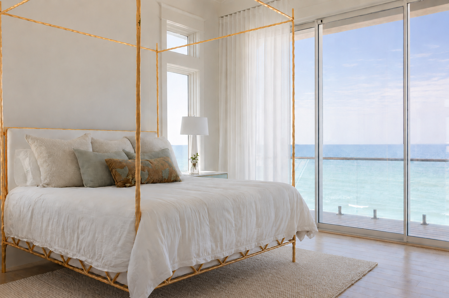 Serene primary bedroom in Blue Mountain Beach by Cindy McCarley Designs, featuring a gold canopy bed, soft neutral bedding and floor-to-ceiling Gulf views.