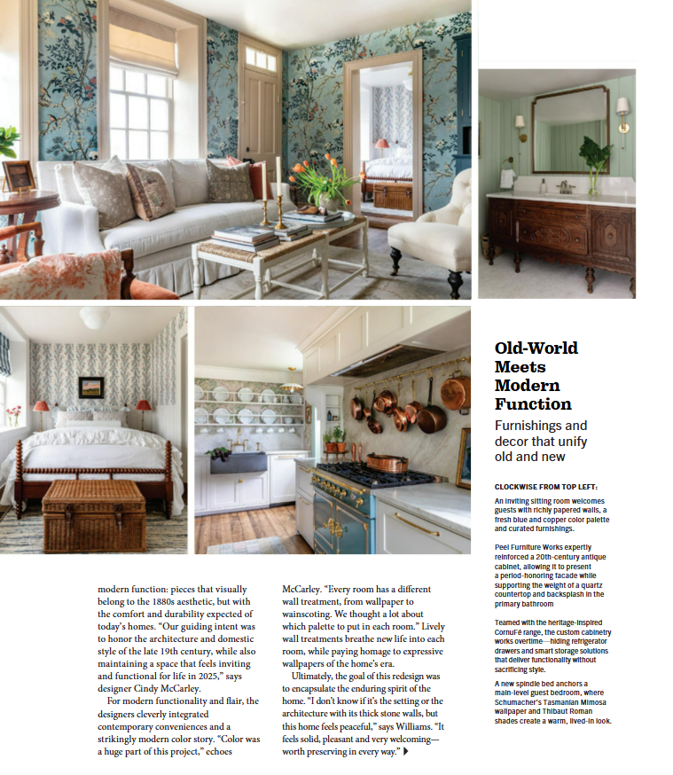 Interior design by Cindy McCarley Designs featuring historic home renovation with floral wallpaper, vintage furnishings, and modern kitchen