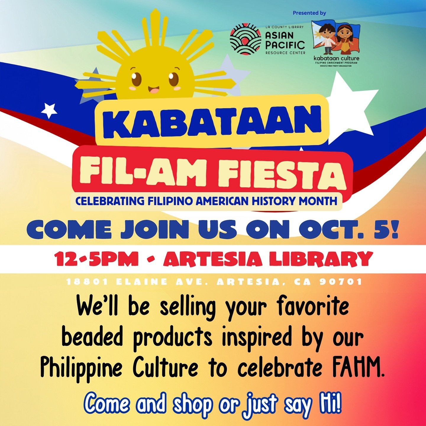 Hi!! We&rsquo;ll be celebrating the start of Filipino-American Heritage Month at the Artesia Library on October 5 selling items inspired by our Philippine culture 🇵🇭 Come by and shop or just to say Hi! 💜💕 thanks to @kabataanculture for having us!