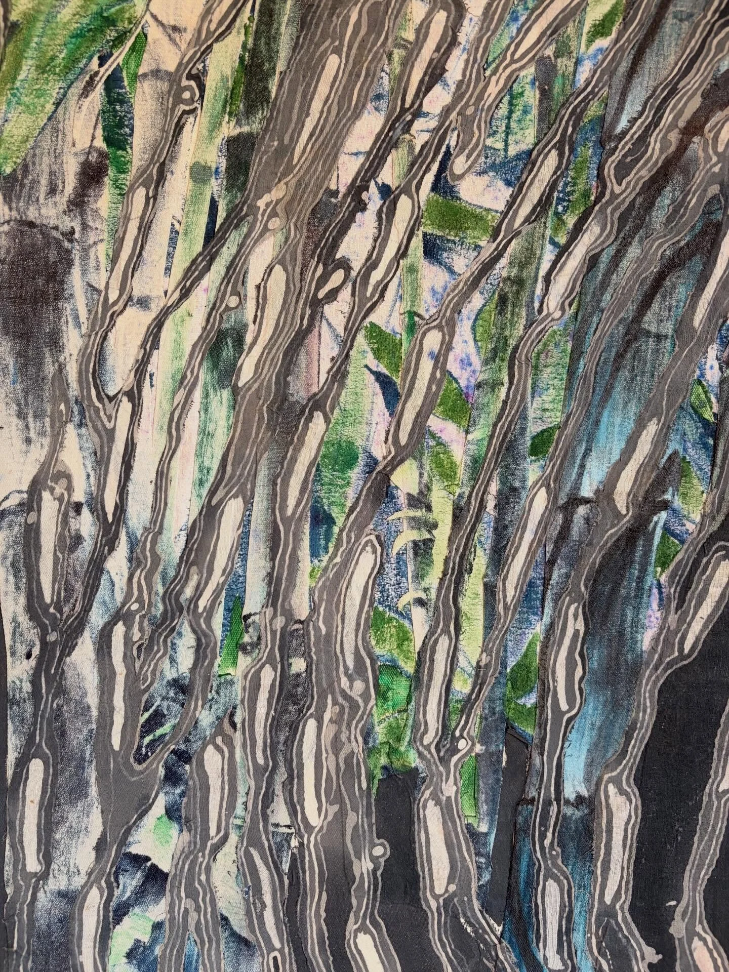 These are a few details of one of the FOUR wall-sized @flyingfacingbackward jungles I get to live with at the moment. Batik and painting and collage. Massive and layered and intricate. It feels like I live INSIDE of Ian&rsquo;s art and it&rsquo;s wil