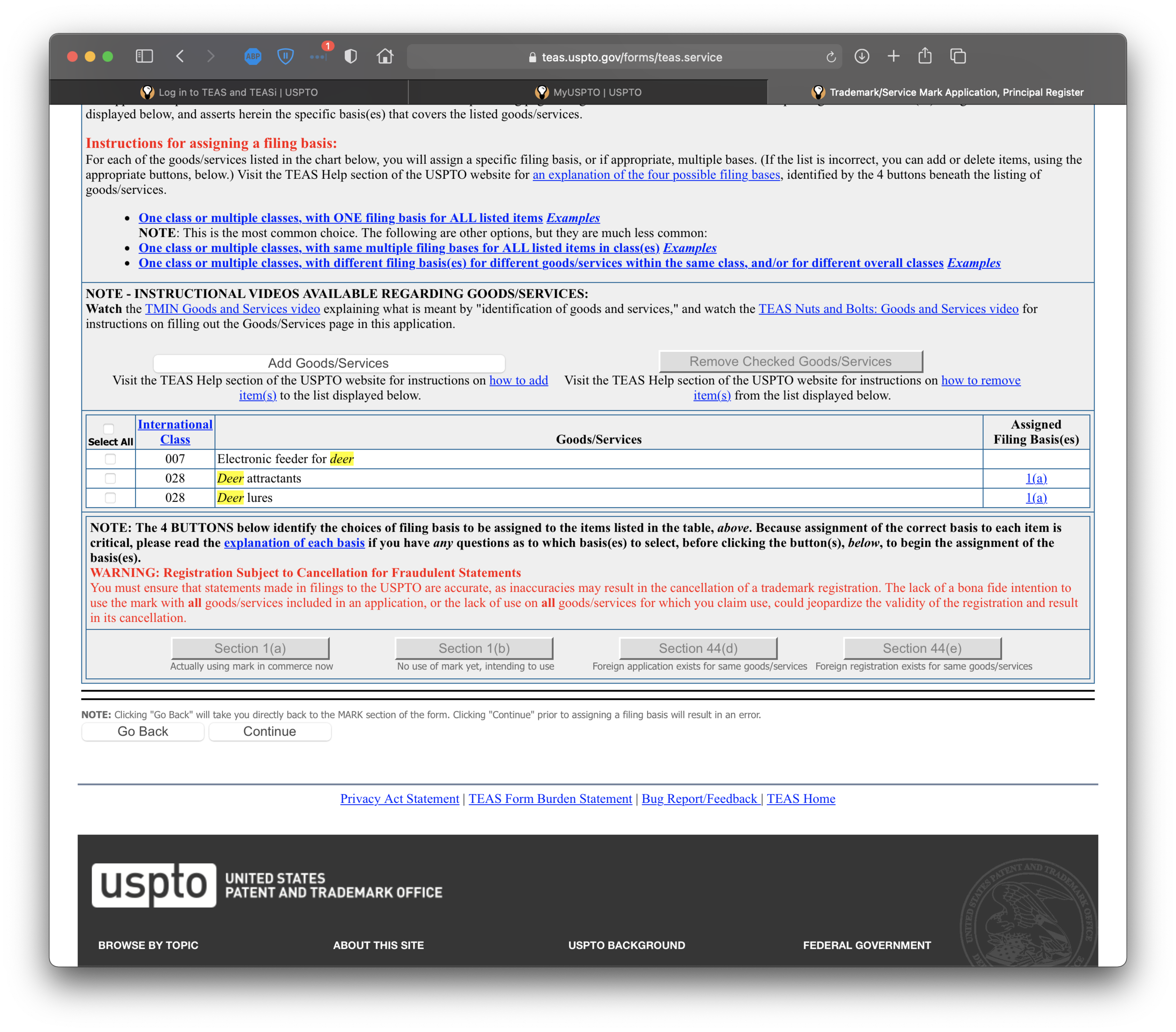 Filing basis assigned for some goods