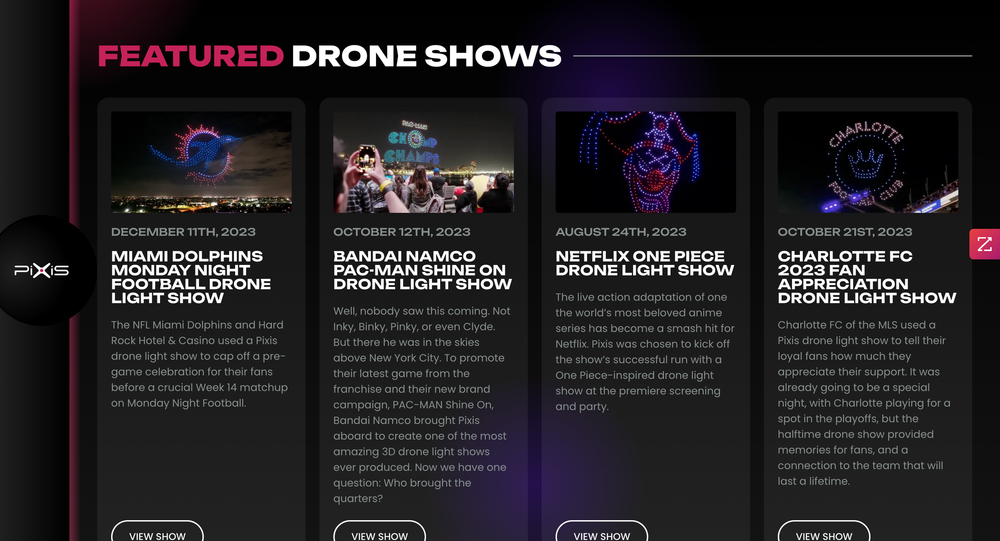 Pixis Website Homepage Featured Drone Shows
