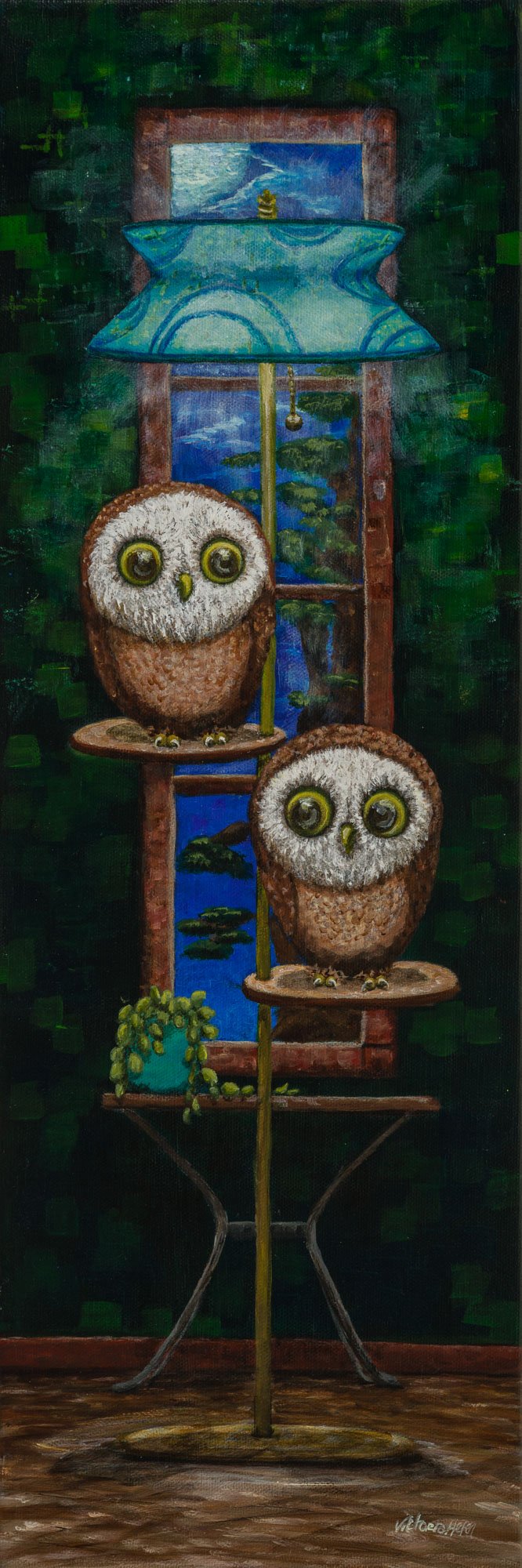 Two Owls on a Mod Evening 8" x 24" Available, print available