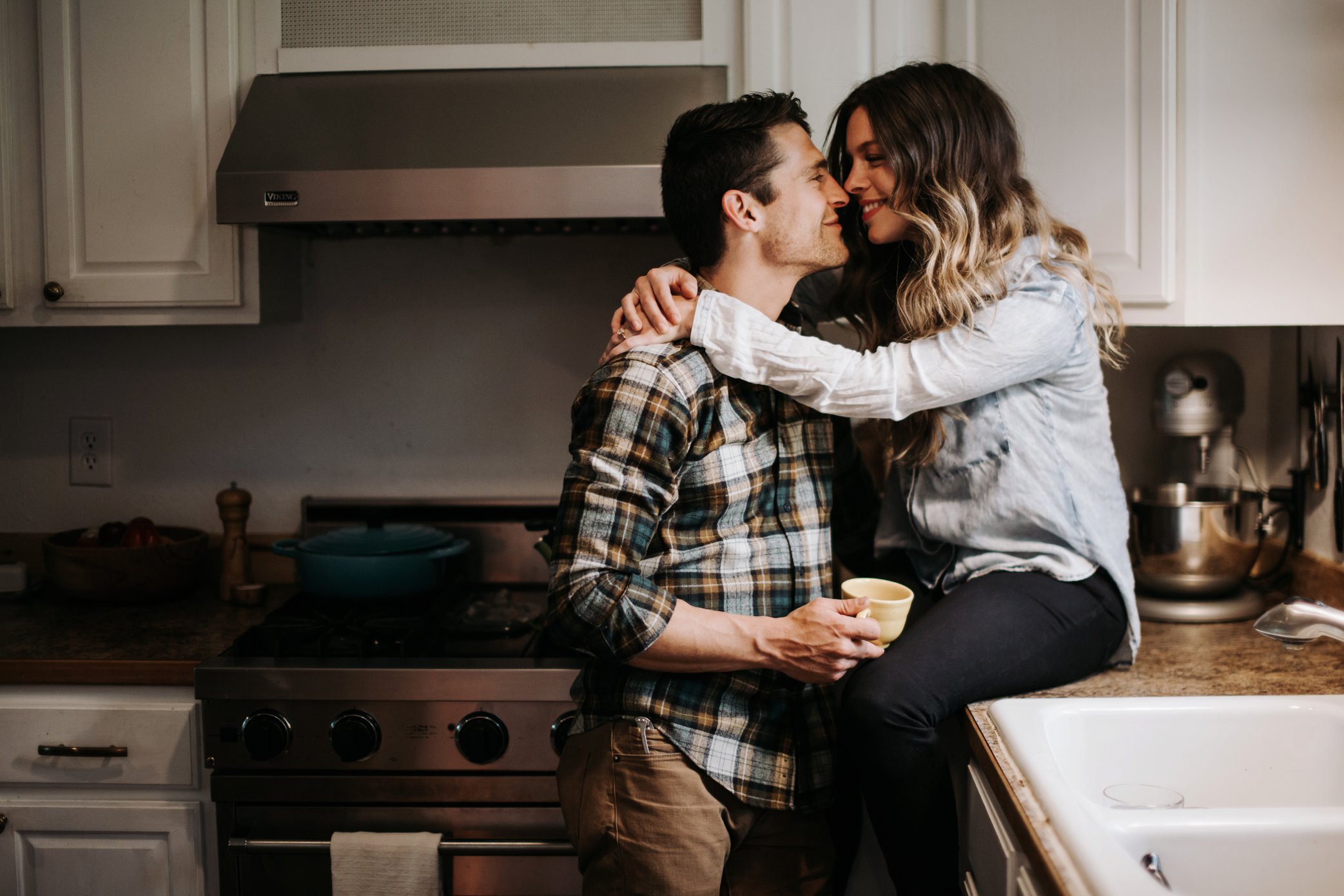 engagement photos in kitchen