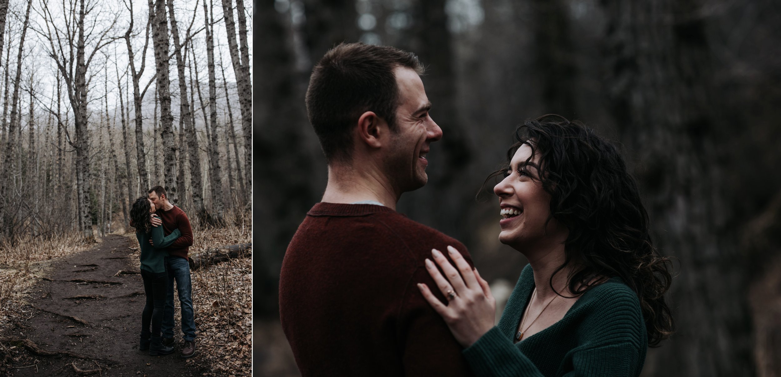 engaged couple in the woods