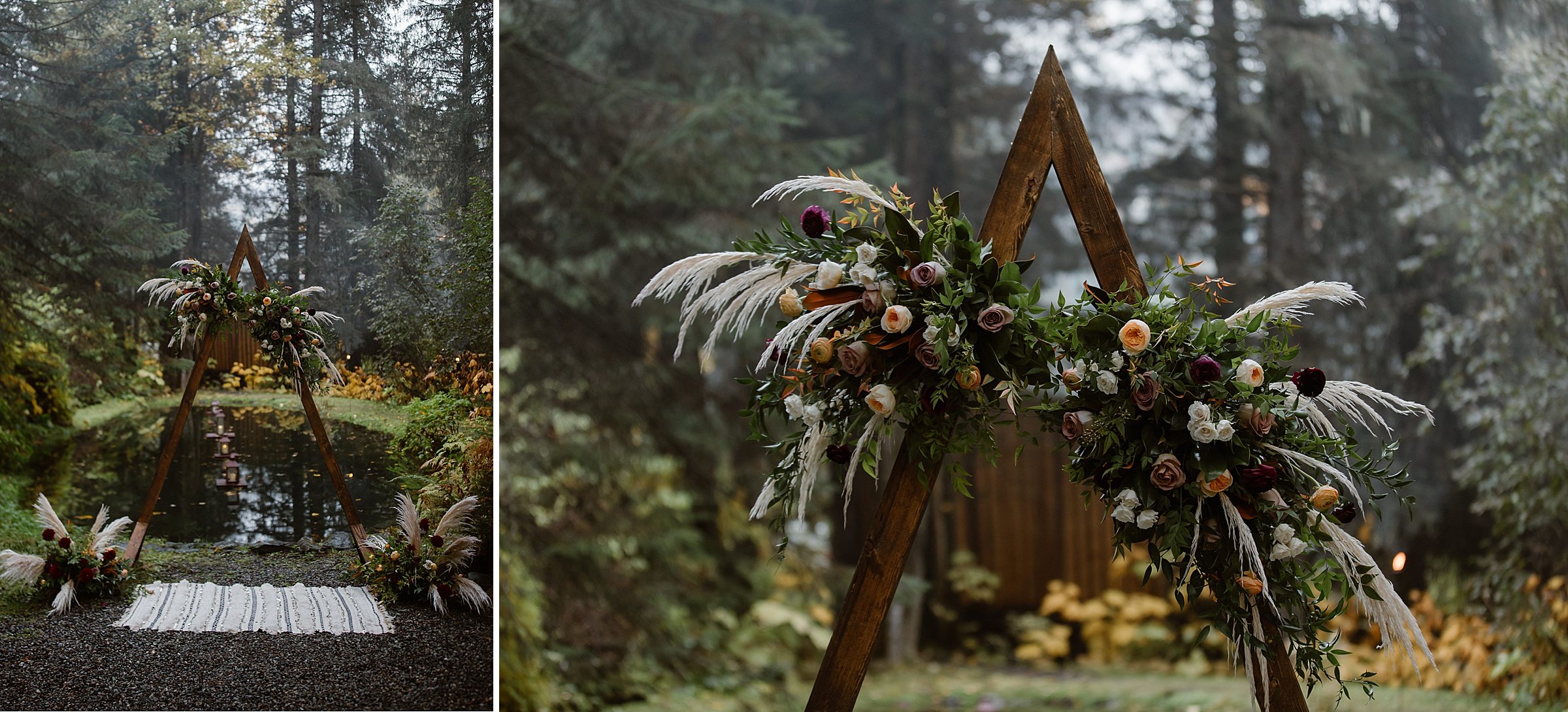  boho triangle wedding arbor with flowers 