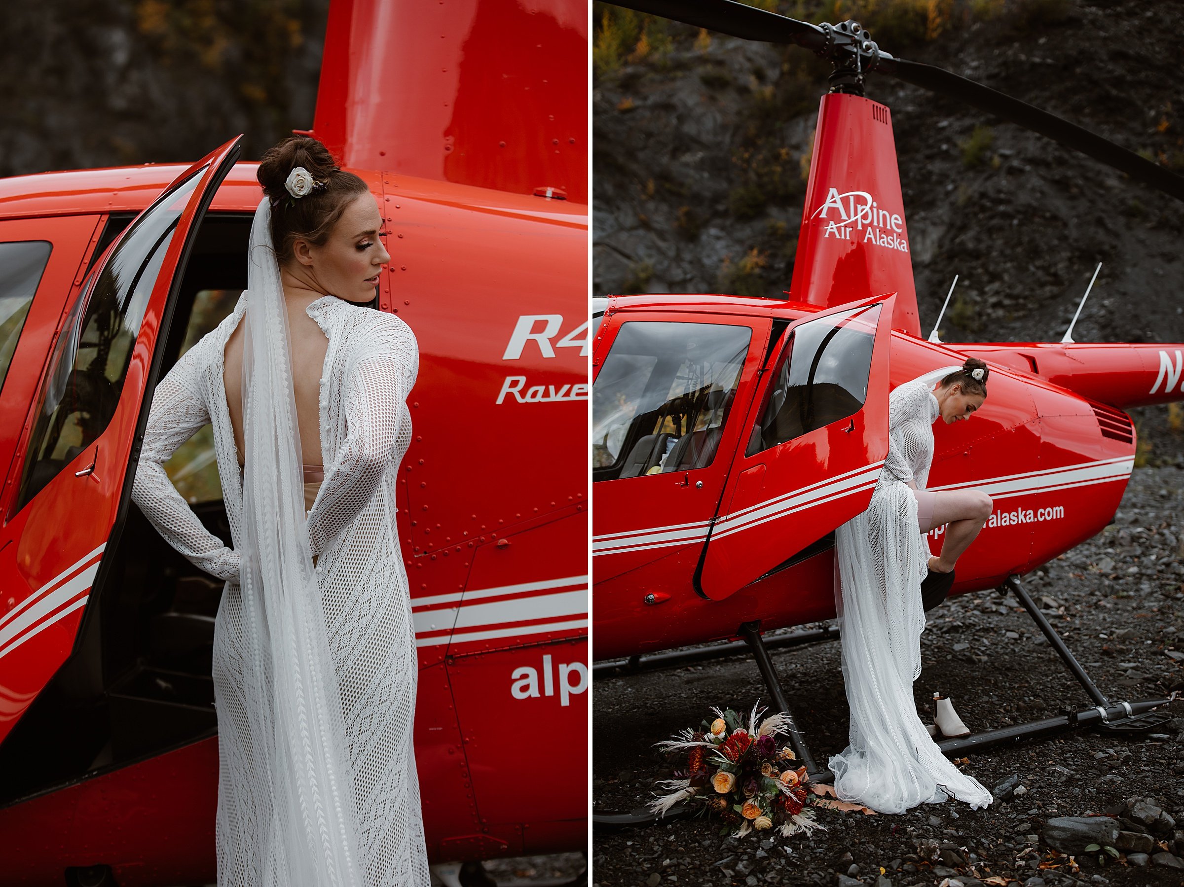  bride getting ready next to helicopter 