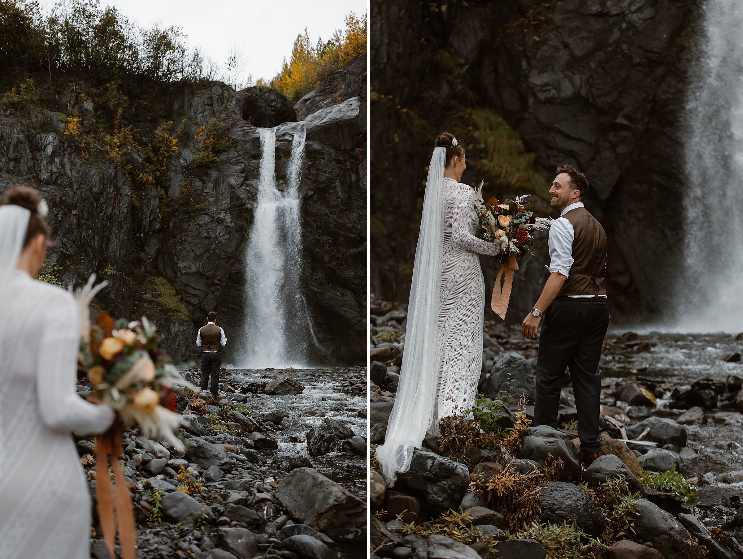  bride and groom first look by a waterfall 