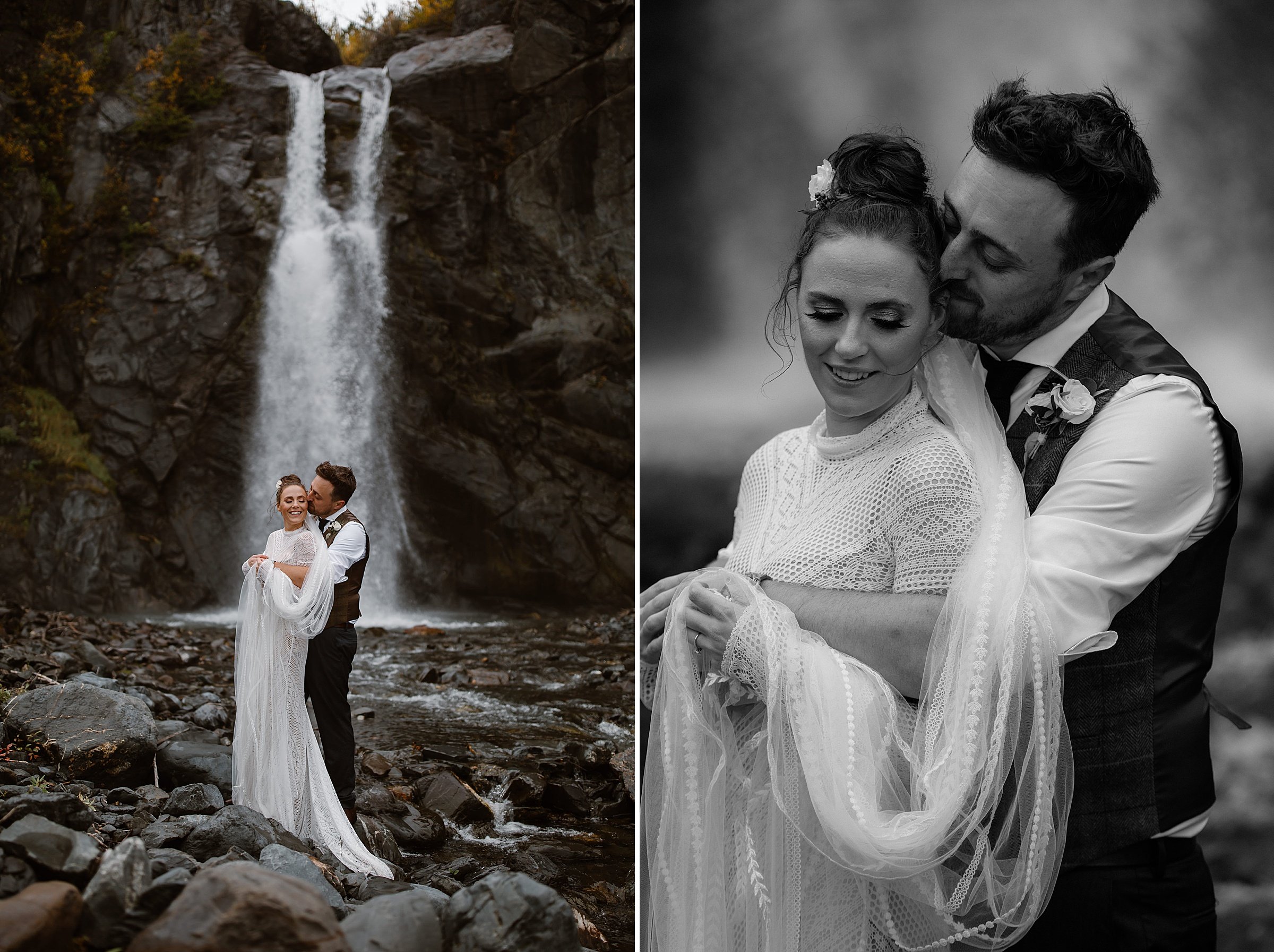  bride and groom portraits with waterfall 